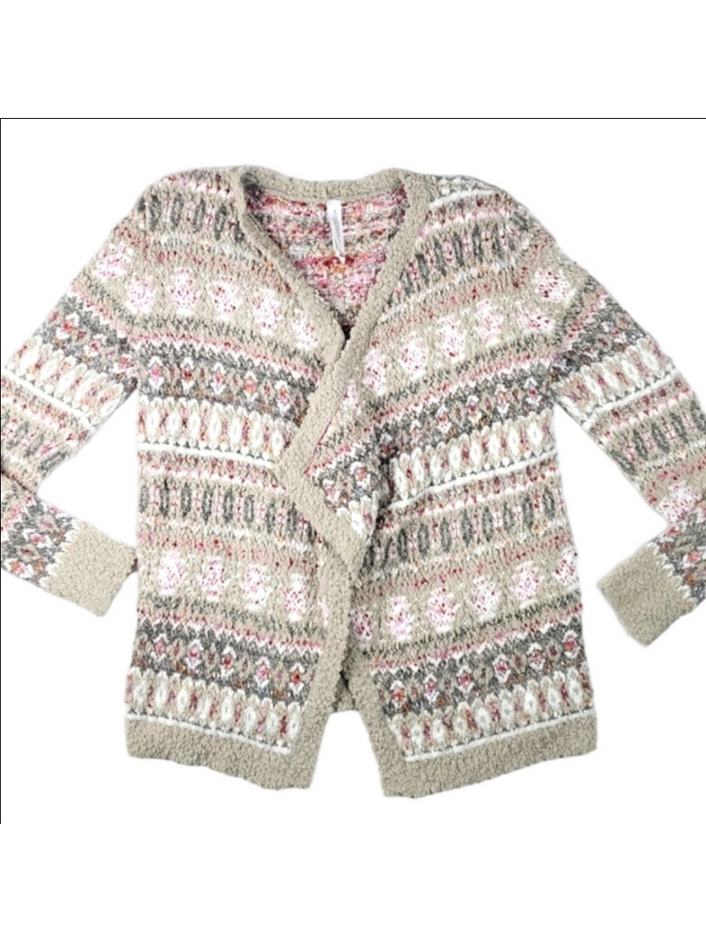 Aeropostale Tan Grey & Pink Open Front Textured Popcorn Knit Cardigan Sweater